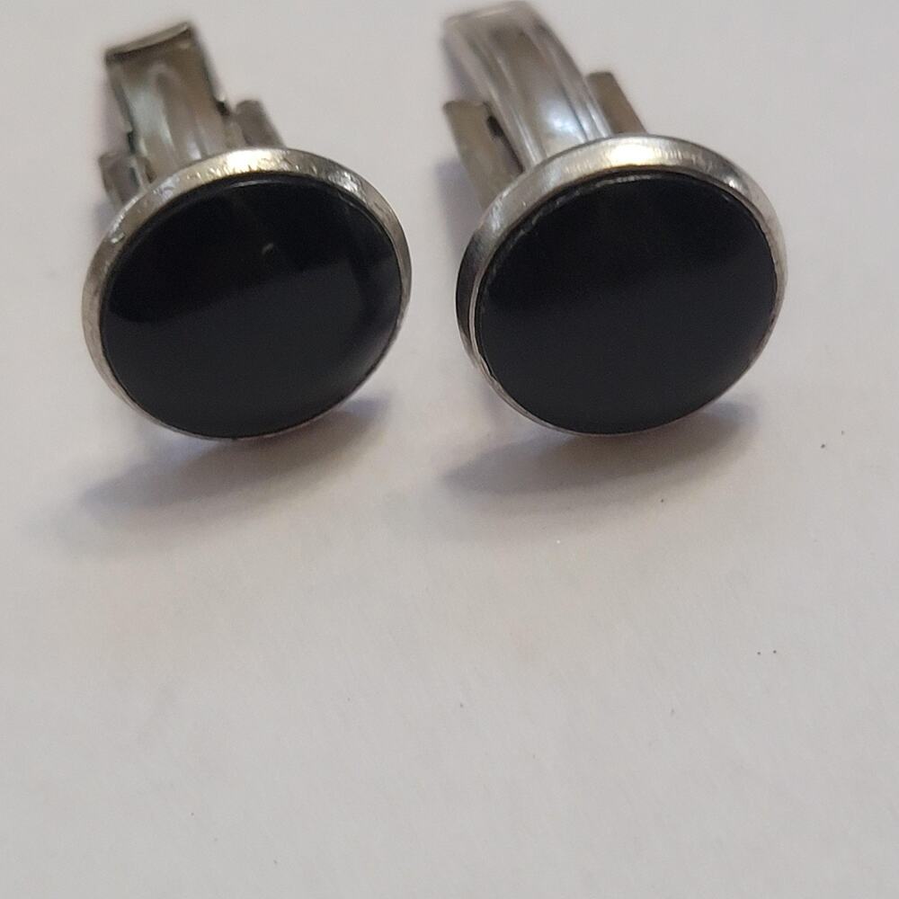 Black Enamel Cufflinks Mens Whale Back Round Silver Tone Dress Formal Boxed